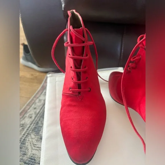 Vintage Yves Saint Laurent Red Satin Lace-Up Ankle BootsItalyBlock Heel